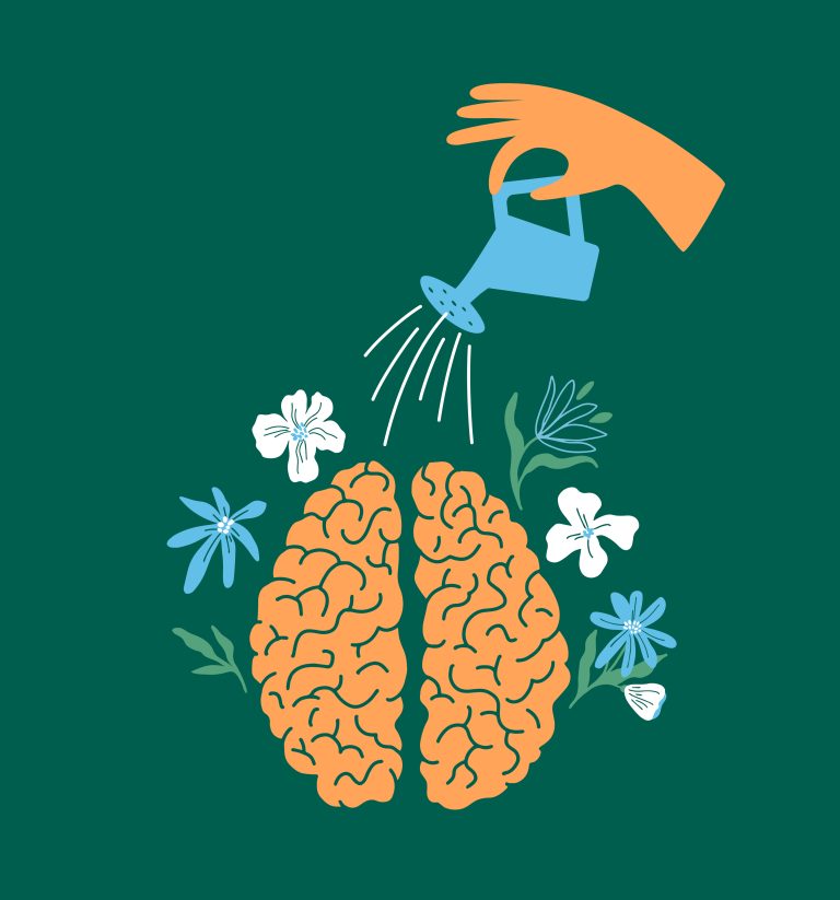 hand watering a brain that has flowers sprouting out of it